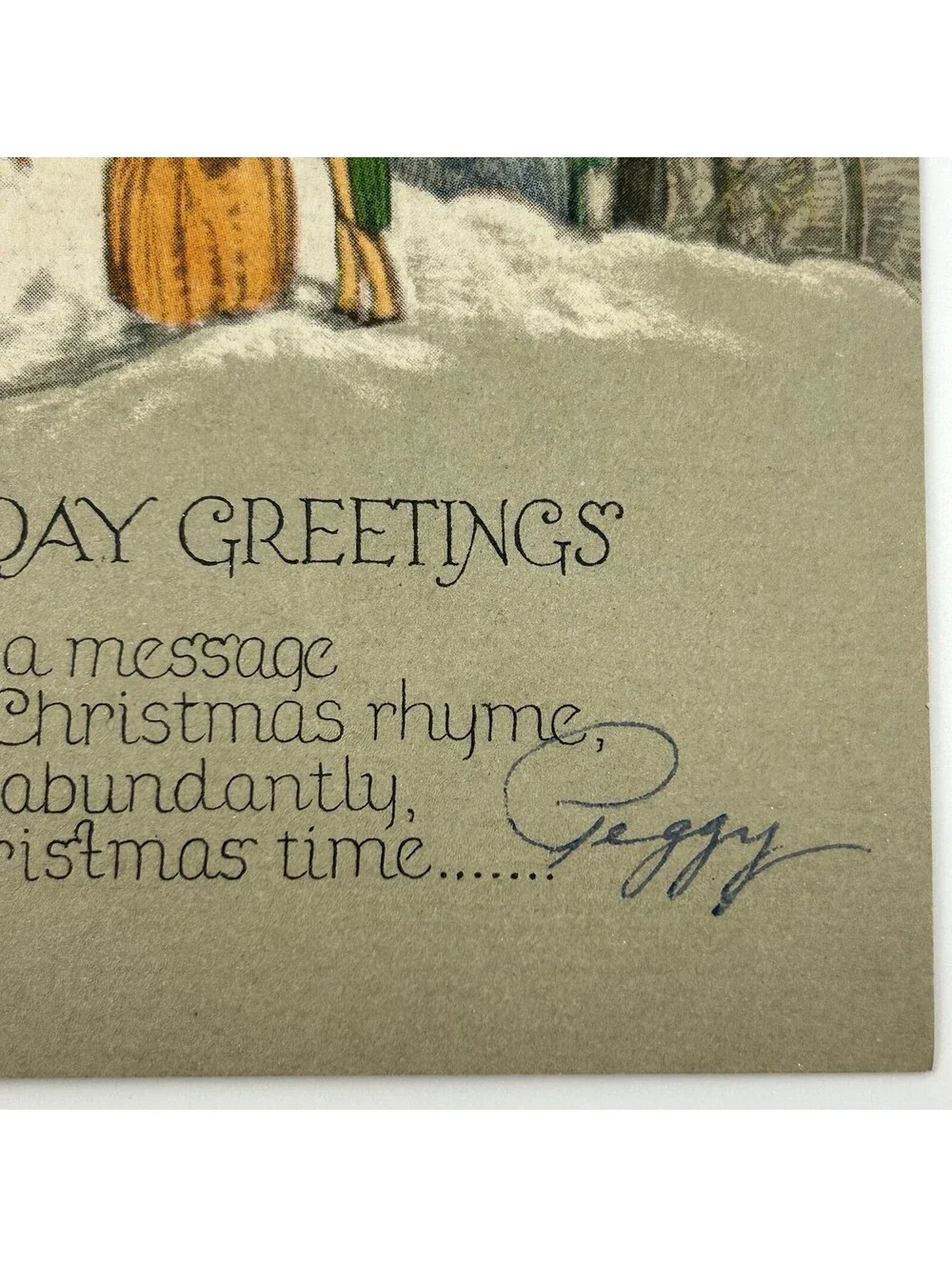 Vintage Christmas Greeting Card Winter Scene Poem Signed Peggy Made in USA  E-10